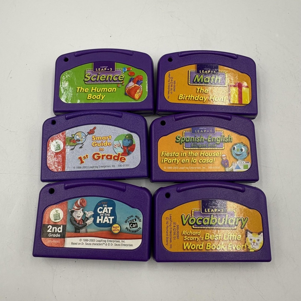 Vintage LeapFrog LeapPad Cartridges Lot 6‎ Science Math Vocab Spanish Cat Hat